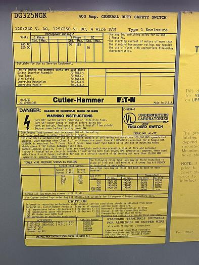 Used DG325NGK Cutler Hammer 400 Amp 240V 3P 4W Fusible Nema 1 Indoor Rated Disconnect 782113639208