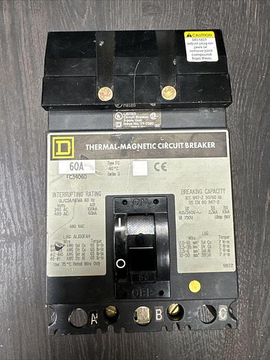 Used FC34060 Square D 60 Amp 480V 3 Pole I-Line Plug In Circuit Breaker New