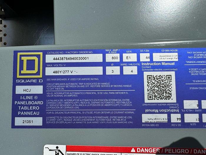 Square D 800 Amp 480/277V Main Lug Panel Type HCJ HCJ3248WP Nema 3R New