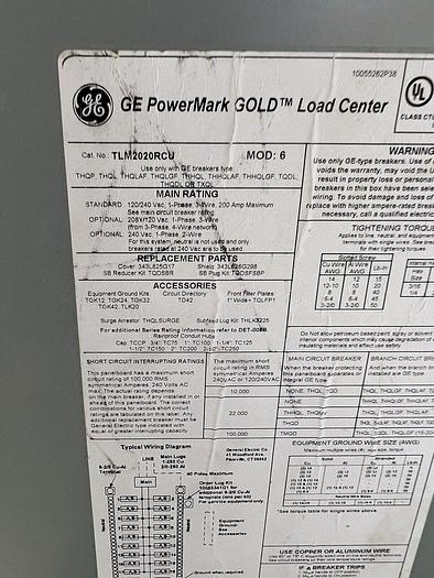 Used TLM2020RCU GE 200 Amp 120/240V Single Phase Main Lug Only Load Center MLO