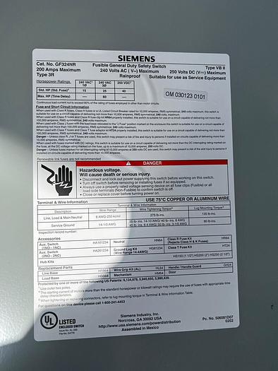 Used Siemens GF324NR 200A 240V 3P4W Fusible Nema 3R Outdoor Rated Disconnect Switch 783643149335