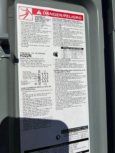 Used H322N Square D 60 Amp 240V 3 Pole 4 Wire Fusible Nema 1 Indoor Disconnect Switch