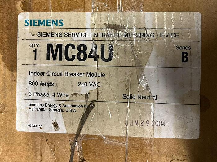 MC84U Siemens 800 Amp 240V Meter Main Nema 1 Indoor Rated HMXD63B800 New