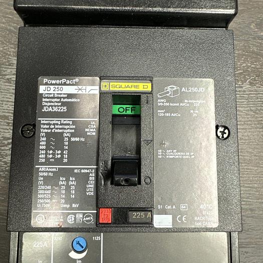 Used JDA36225 Square D 225 Amp 600V 3 Pole 18kA@480V I-Line Circuit Breaker 785901834168