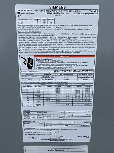 DTNF325 Siemens 400 Amp 240V 3P Non Fused Manual Transfer Switch Double Throw
