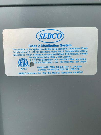 SEBCO 1105-24-2 300 Watt 277V X 24V Tranformer Class 2 Distribution System New