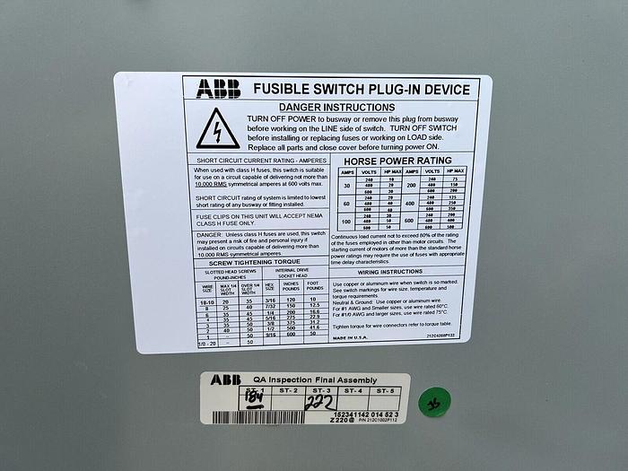 Used RG4640THPS ABB GE 400 Amp 600V 3P4W Fusible Bus Plug ReliaGear