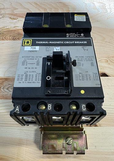 Used FA34070 Square D 70 Amp 480V 3 Pole 18kA@480V ILine Circuit Breaker