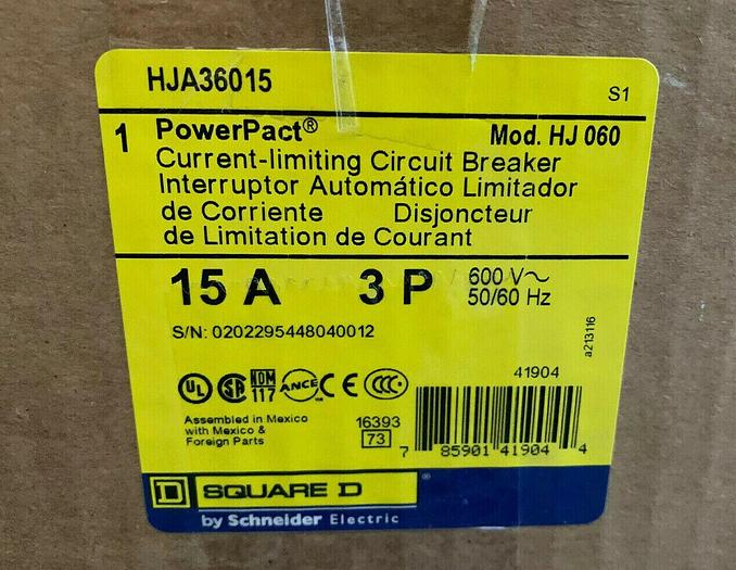 HJA36015 Square D 15 Amp 600V 3 Pole I-Line Plug In Circuit Breaker HJA New 785901419044