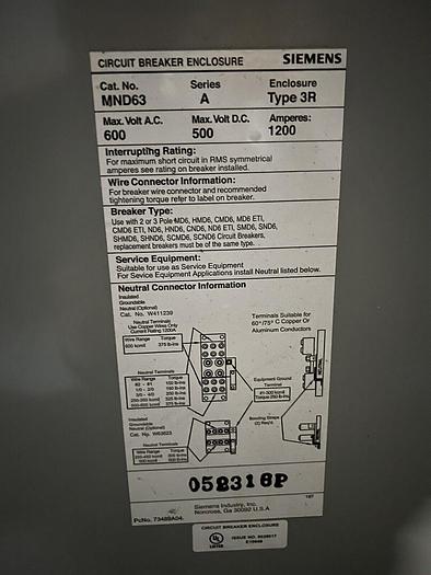 Used MND63 Siemens 1200 Amp 600V 3 Pole Nema 3R Outdoor Rated Disconnect Switch