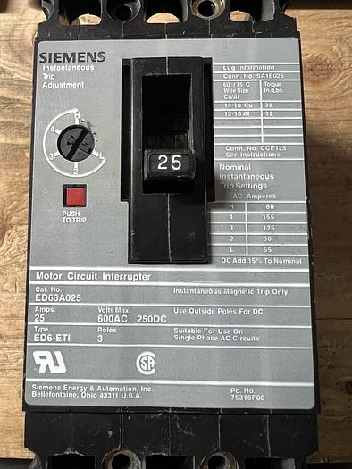 Used ED63A025 Siemens 25A 600V 3 Pole Motor Circuit Interrupter Circuit Breaker