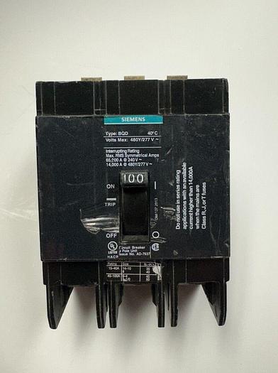 Used BQD3100 Siemens 100 Amp 480V 14kA@480V 3 Pole Bolt On Circuit Breaker 783643277465