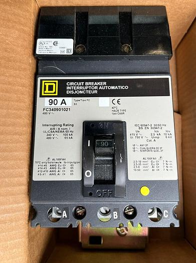 FC340901021 Square D 90 Amp 480V 3 Pole 65K Rated I-Line Circuit Breaker New
