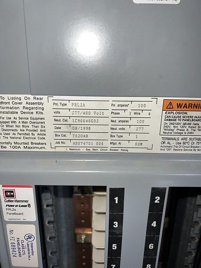 Used Cutler Hammer PRL2A 100 Amp 480/277V Main Lug Only 30 Circuit Breaker Panel MLO