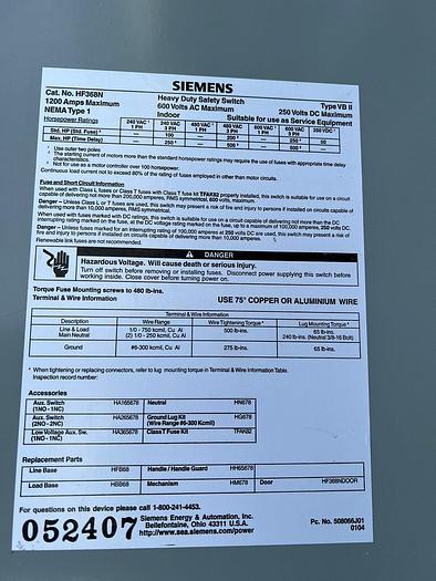 Used HF368N Siemens 1200 Amp 600V 3 Phase 4 Wire Fusible Indoor Disconnect Switch