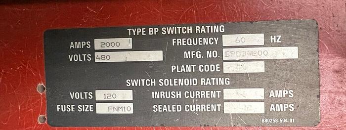 Used BPO34200 Square D 2000 Amp 480V 3P Fusible Switch Red Back Reconditioned