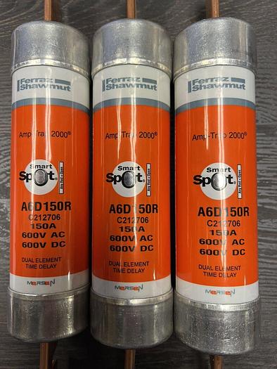 Used A6D150R Mersen 150 Amp 600V Duel Element Time Delay Fuse Amp-Trap 2000 Class RK1