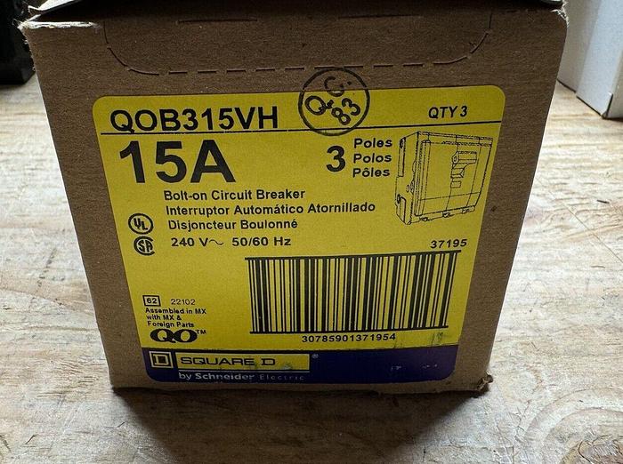 QOB315VH Square D 15 Amp 240V 3 Pole 22K Rated Bolt On Circuit Breaker New 785901371953