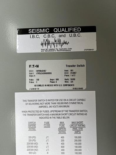 Used EATON 600 Amp 208V 3P 4W ATC-300 Automatic Transfer Switch ATV3LDA30600BSU