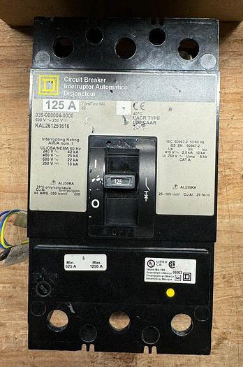 Used KAL261251616 Square D 125 Amp 600V 2 Pole 24V Undervoltage Release