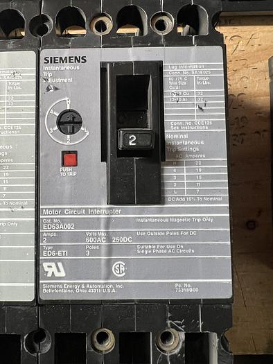 Used ED63A002 Siemens 2 Amp 600V 3 Pole Motor Circuit Interrupter Circuit Breaker