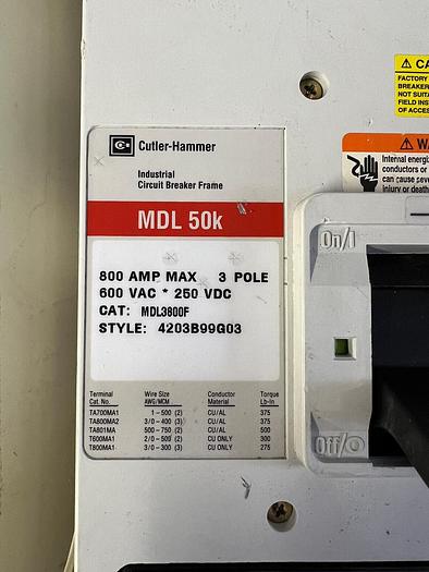 Used MDL3800 Cutler Hammer 800 Amp 600V MT3800T Trip SNT4LP11K Shunt Circuit Breaker  782114350577