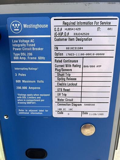 Westinghouse DSL206 800 Amp 600V Current Limiter 6DSL-B2000