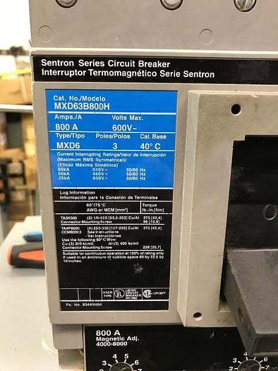 Used MXD63B800H Siemens 800Amp 600V 3 Pole 50Ka@480V Colt On Circuit Breaker