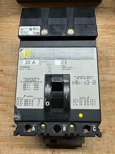 FA36020 Square D 20 Amp 600V 3 Pole I-Line Circuit Breaker