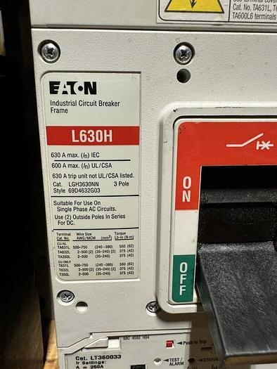 LGH3630NN EATON 600 Amp 600V 3P LT360033 Trip Unit Bolt On Circuit Breaker New