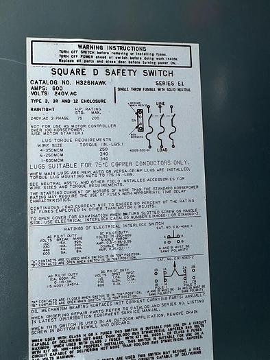 H326NAWK Square D 600 Amp 240V 3 Pole Fusible Nema 12 Fusible Disconnect New