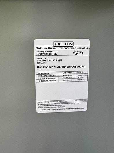 1200 Amp 600V CT Cabinet Talon LG123636CTS2 Nema 3R Outdoor Rated New