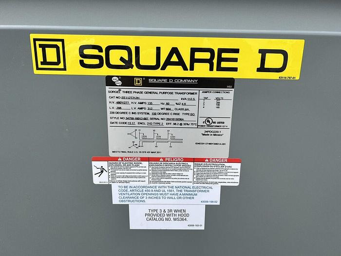 EE112T212H Square D 112.5 KVA 480/277X208V 3 Phase Dry Type Transformer New 208V