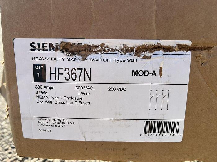 HF367N Siemens 800 Amp 600V 3 Pole Fusible Indoor Rated Disconnect Switch New