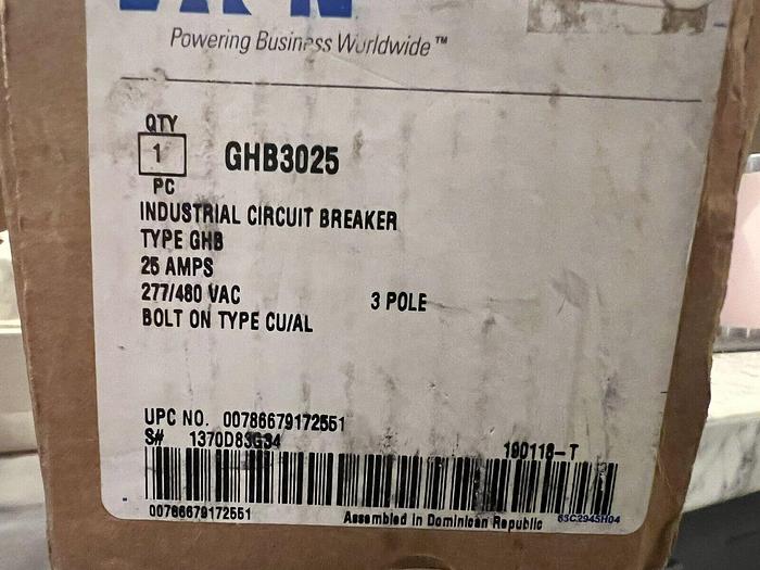 GHB3025 Cutler Hammer 25 Amp 480V 3 Pole Bolt On Circuit Breaker New in Box 786679172551