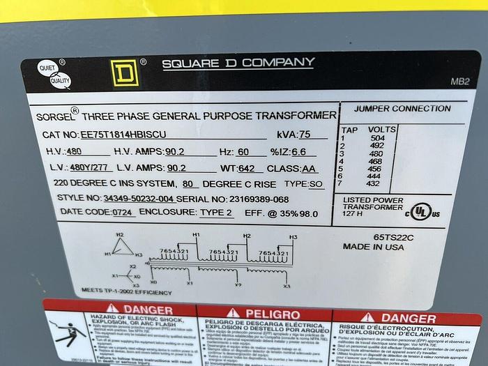 Used EE75T1814HBISCU Square D 75 KVA 480X480/277V Dry Type Transformer Copper Wound