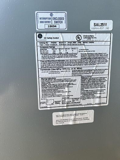 Used TH3365 GE 400 Amp 600V 3P 4W Fusible Nema 1 Indoor Rated Disconnect Switch