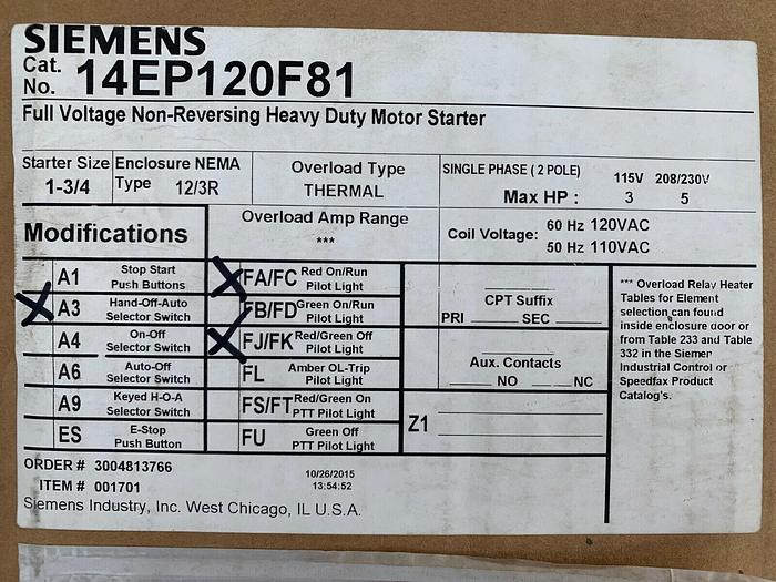 14EP120F81 Siemens 3 HP Single Phase Starter Nema 3R/12 HOA Pilot Light Type 12