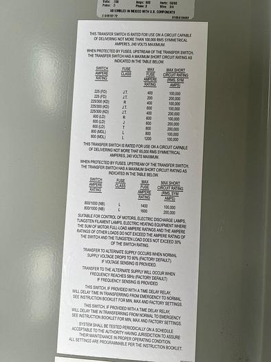 Used EATON 600 Amp 208V 3P 4W ATC-300 Automatic Transfer Switch ATV3LDA30600BSU