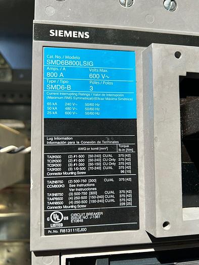 Siemens 800 Amp Main Breaker Panelboard P5C75SM800ATS 208/120V with Ground Fault