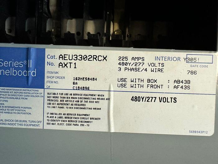 Used AEU3302RCX GE 225 Amp Main Lug Only MLO 480/277V 3P 4W TEY Panel