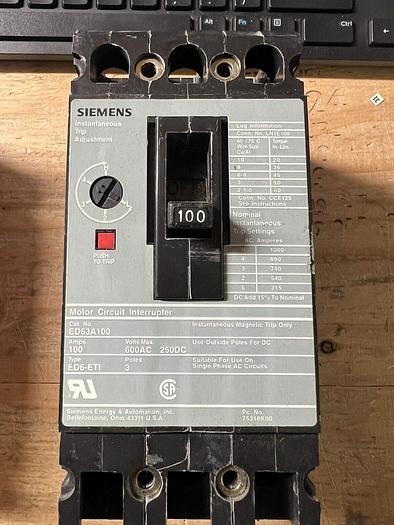 Used ED63A100 Siemens 100 Amp 600V 3 Pole Motor Circuit Interrupter Circuit Breaker