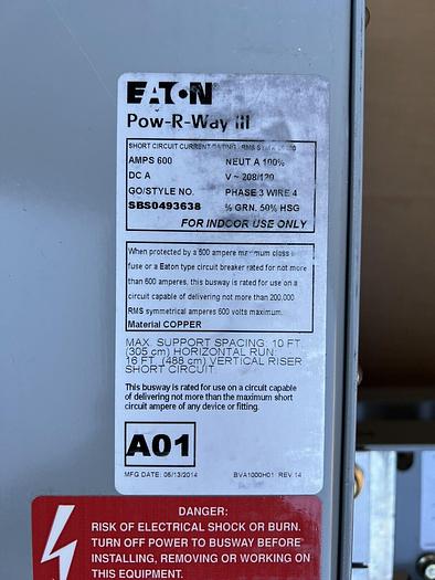 Eaton Pow-R-Way III 600 Amp End Tap Box 208/120V 3 Phase 4 Wire Tap Box New