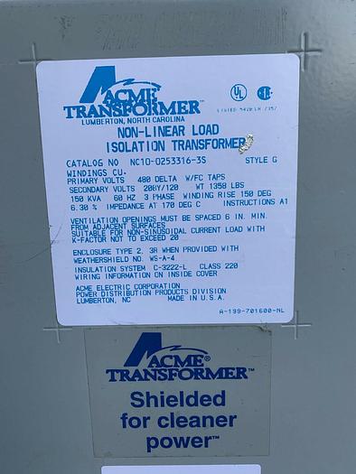 Used Acme 150KVA 480X208/120V NC10-0253316-3S Copper Transformer
