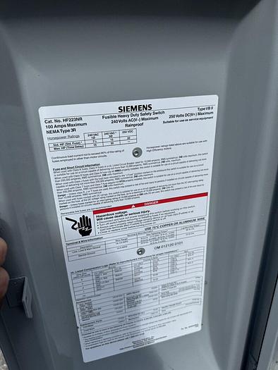 Used HF223NR Siemens 100 Amp 240V 2 Pole 3W Fusible Nema 3R Outdoor Rated Disconnect
