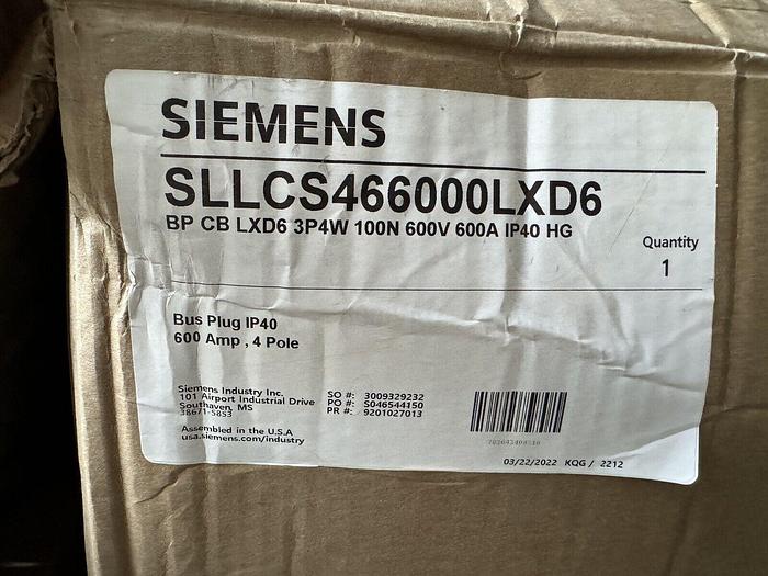 SLLCS466000LXD6 Siemens 600 Amp 600V Sentron Series 3P4W Bus Plug IP40 HG New