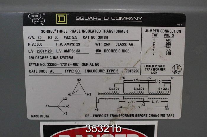 Used Square D 30T8H Transformer, 30 Kva #35321