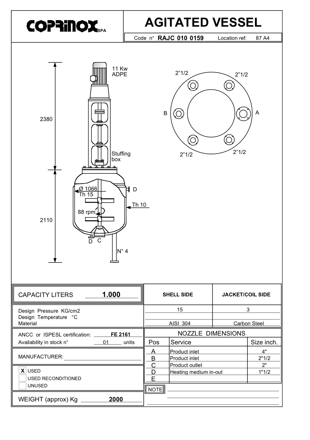 Used 1000 liter reactor
