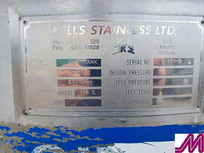 Used Kells 600 Litre Stainless Steel Mix Tank