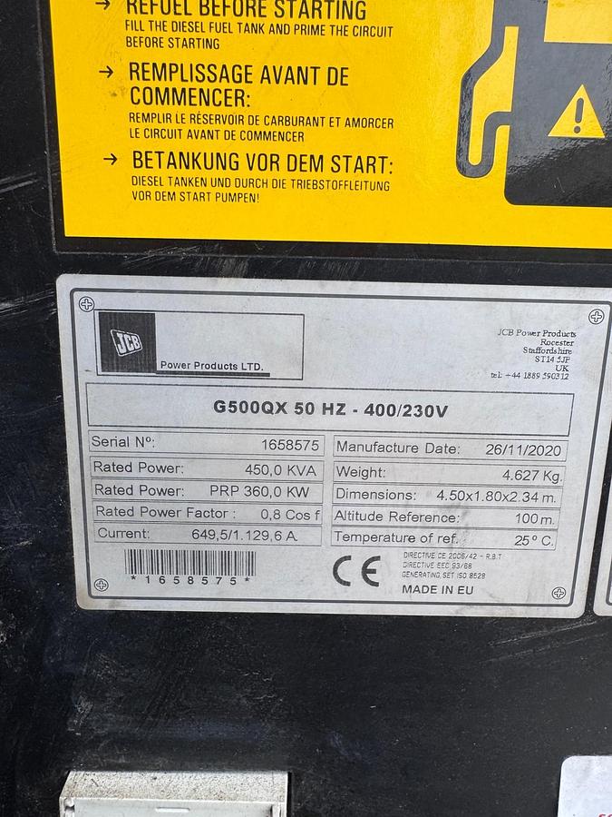 Used 2020 JCB G500GX 500kVA Generator